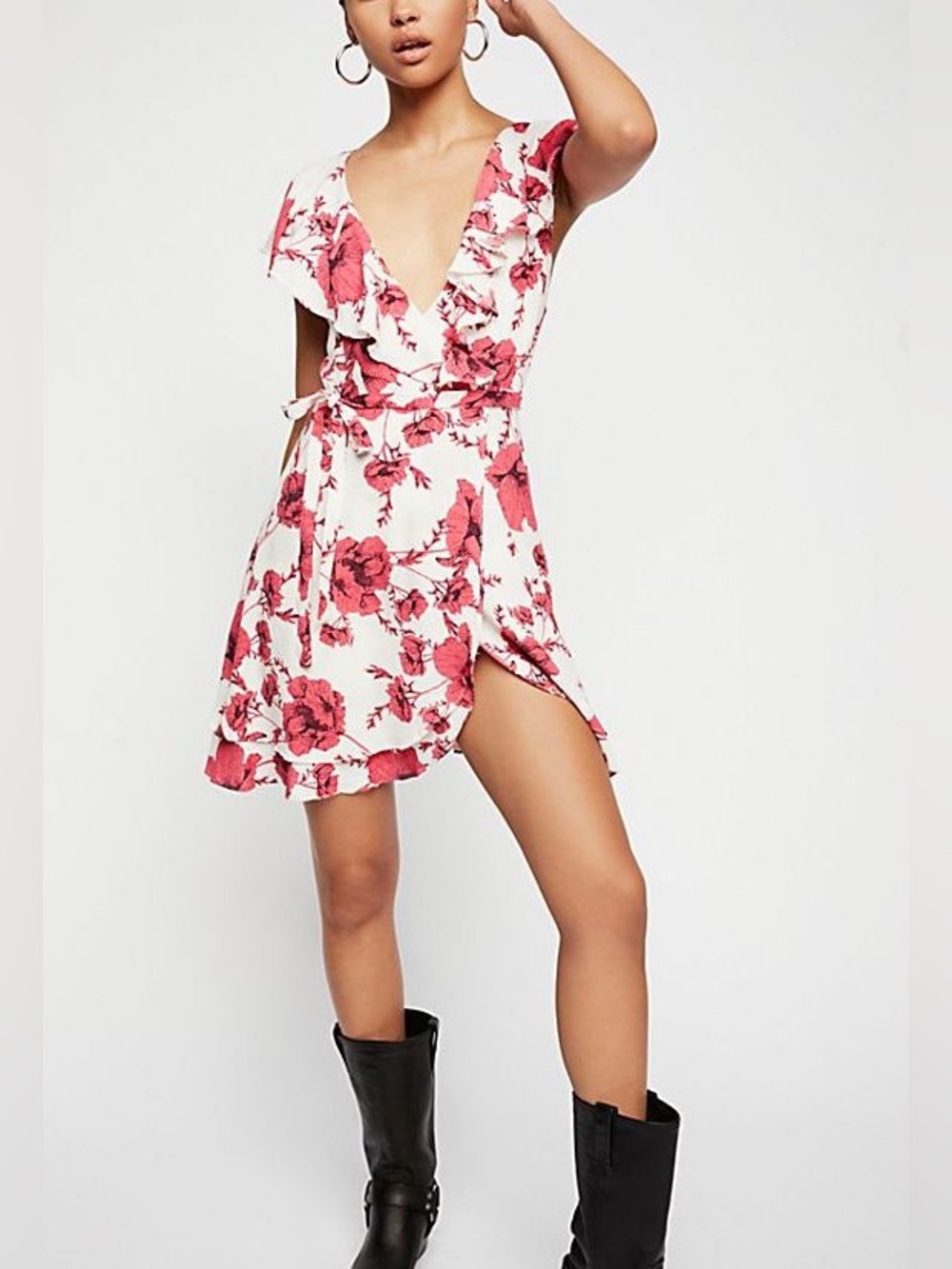 Free People French Quarter Floral Wrap Mini Dress - White with Pink Floral S